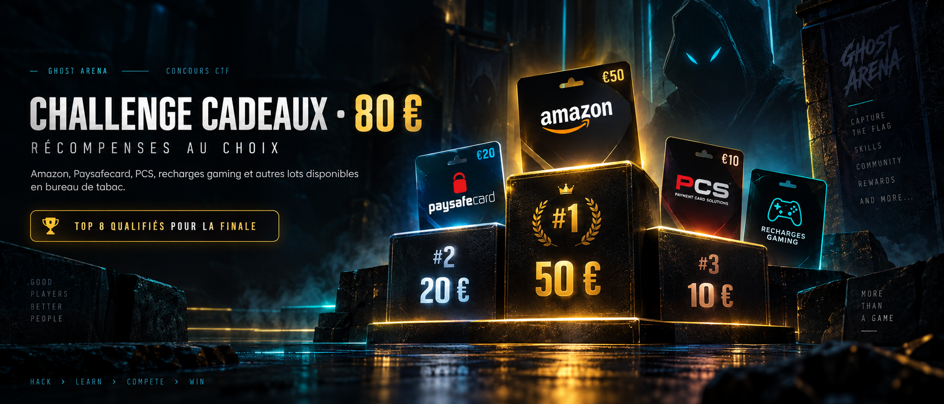 Challenge cadeaux Ghost Arena, podium 50, 20 et 10 euros, Amazon, Paysafecard, PCS et recharges gaming